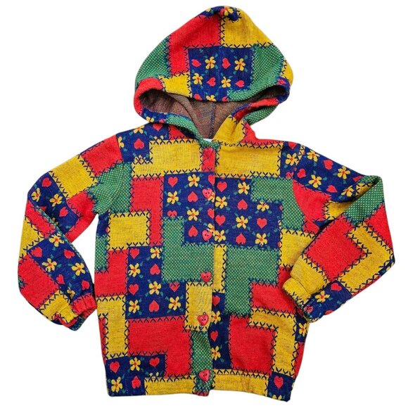 Retro 70s Girls Jacket Patchwork Floral Heart Buttons Knit Hooded Sz 3T 4T 1970s - Picture 1 of 10